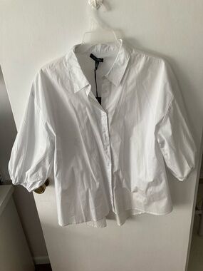 Classic White Cotton Button-Front Blouse with puffed sleeves